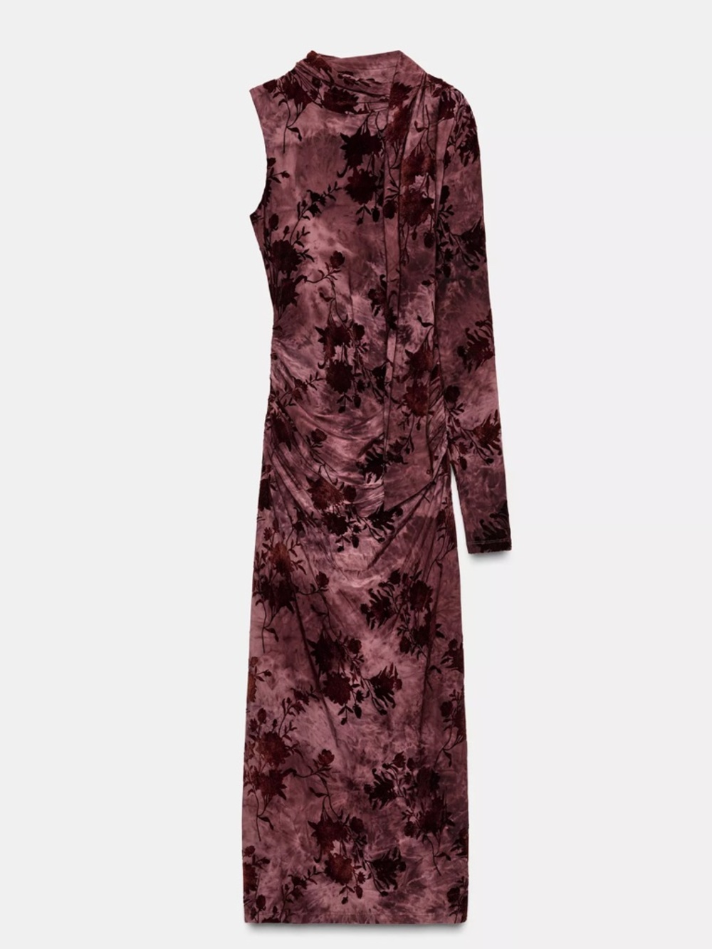 Zara One-Shoulder Velvet Floral Dress in Plum and Burgundy